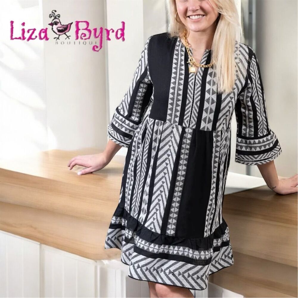 Liza Byrd Women's Black White Jacquard Bell Sleeve Y2K  Boho Knee Length Dress